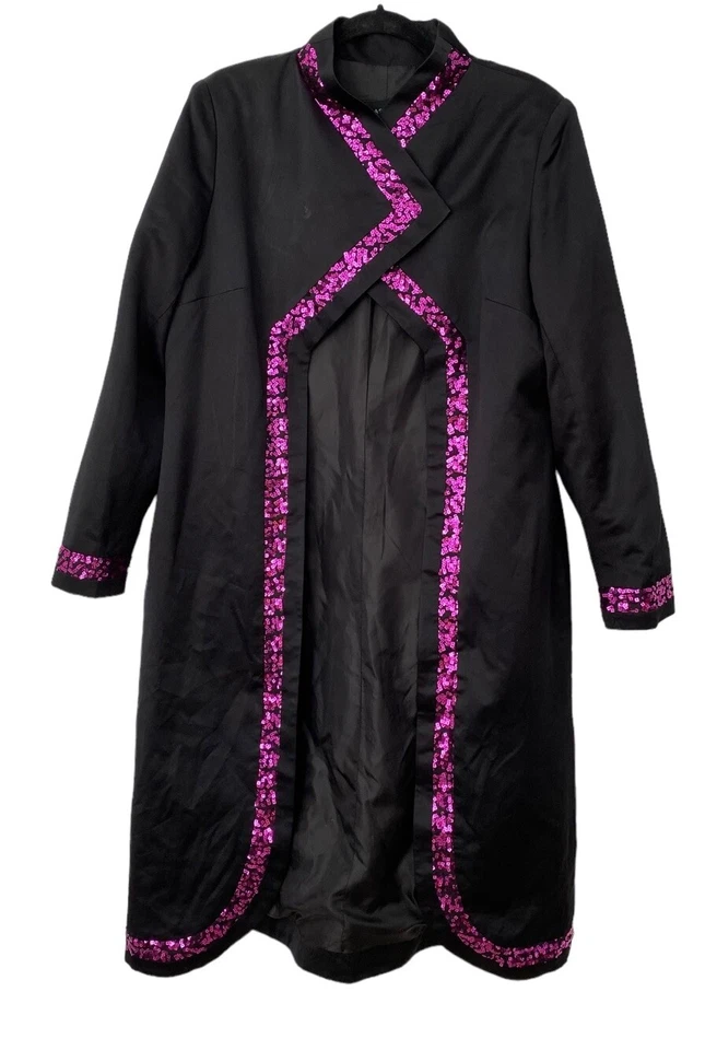 Ashro Mujer Negro Brillante Larga Abierta Chaqueta Púrpura Lentejuelas Borde Iglesia Noche 16 Foto 2 de 4