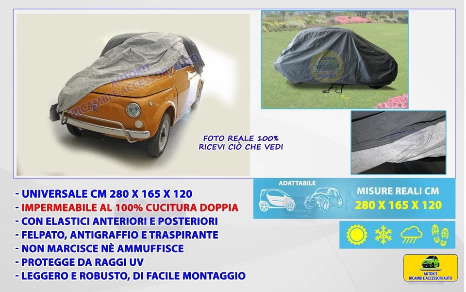 COPRIAUTO TELO per vecchia FIAT 500 EPOCA F/L/R dal 1957 IMPERMEABILE FELPATO - Immagine 2 di 4