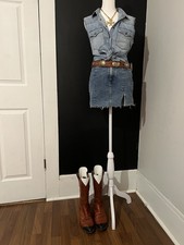 Light Blue Denim Button-Up Western Blouse, Sleeveless, Collared, Chest Pockets