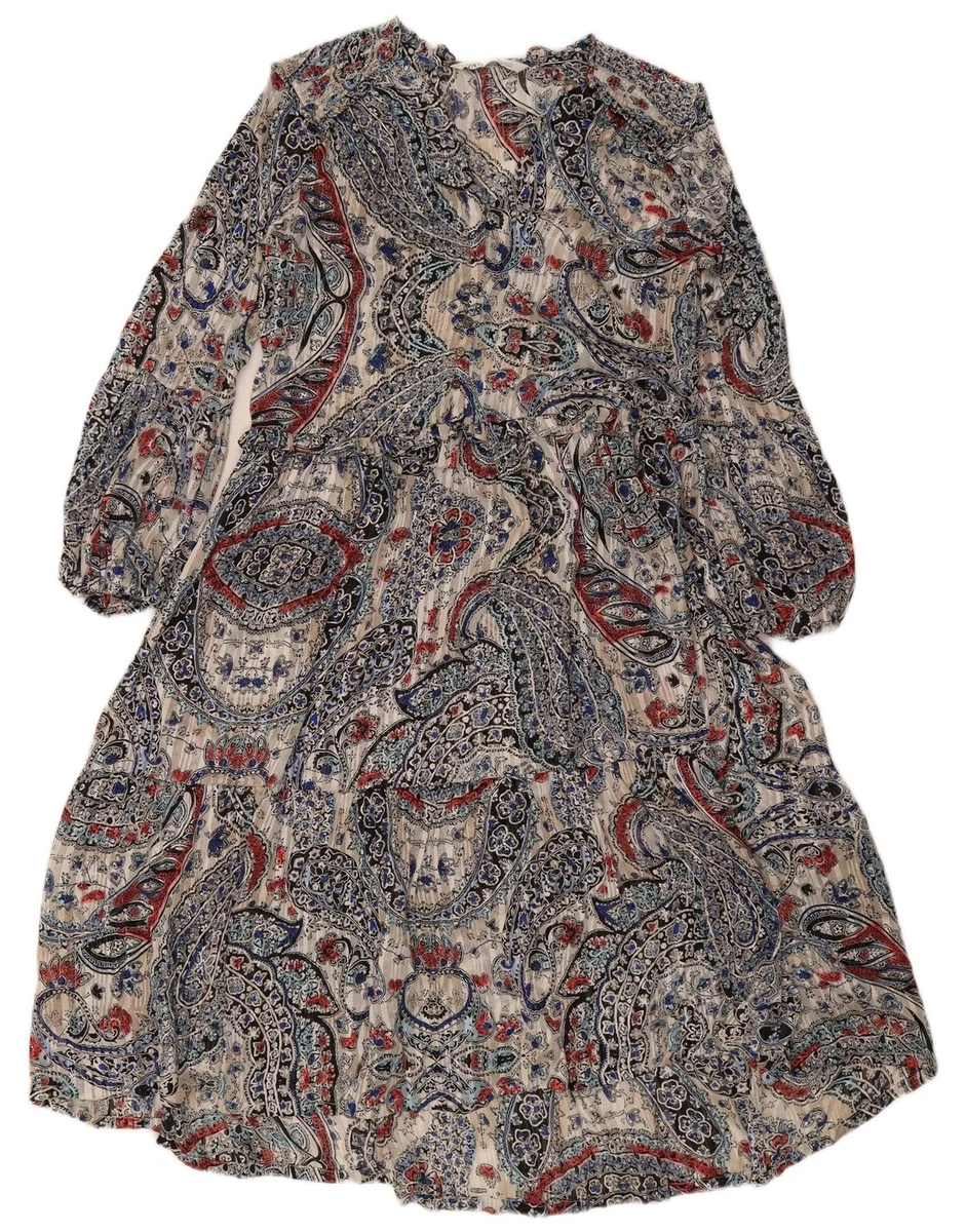 knee length dresses for ladies Zara Blue White Floral Plunge V-Neck 3/4 Balloon Sleeve Midi Maxi A-li   Brie