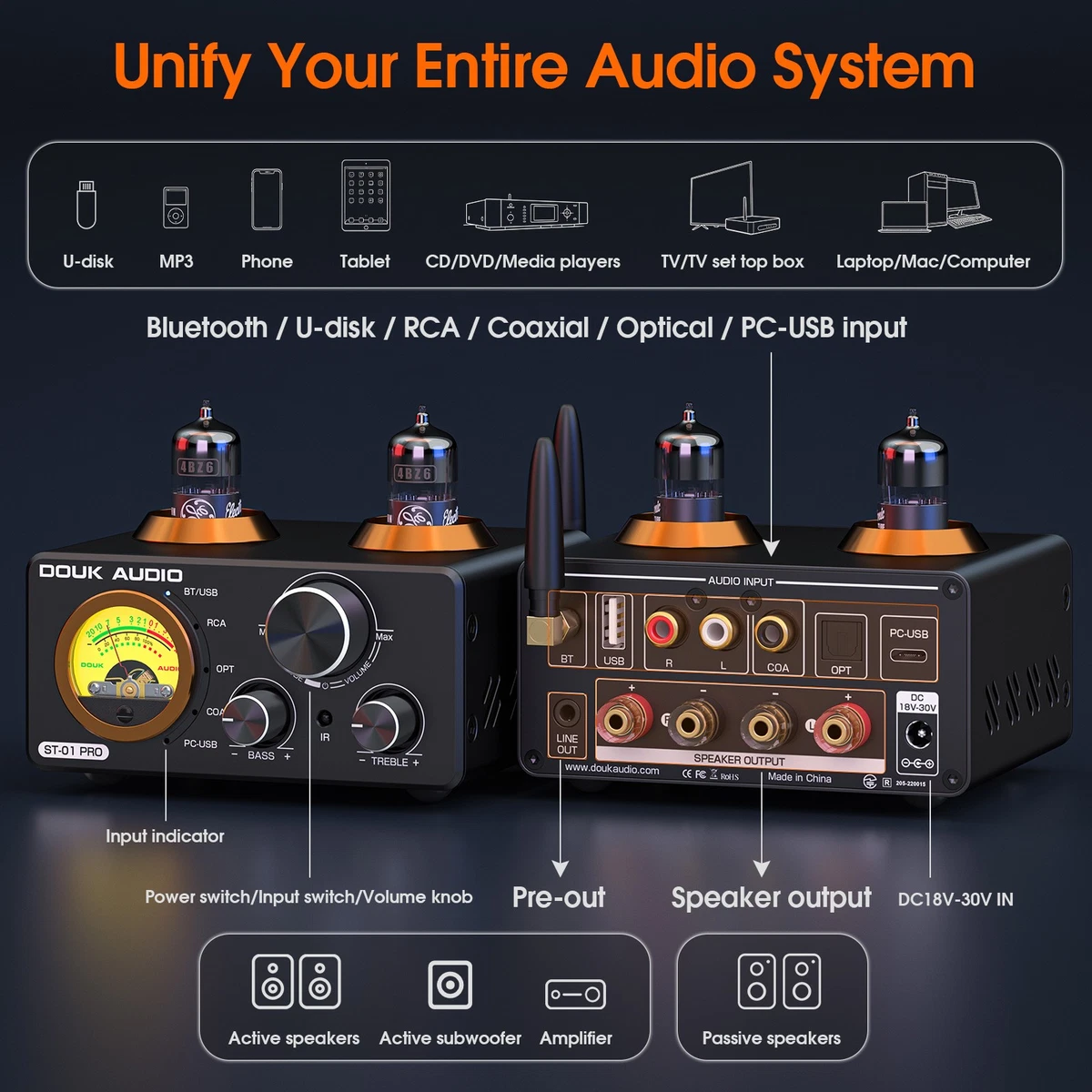 HiFi Valve Tube Digital Amplifier Bluetooth 5.0 Receiver USB DAC COAX / OPT Amp
