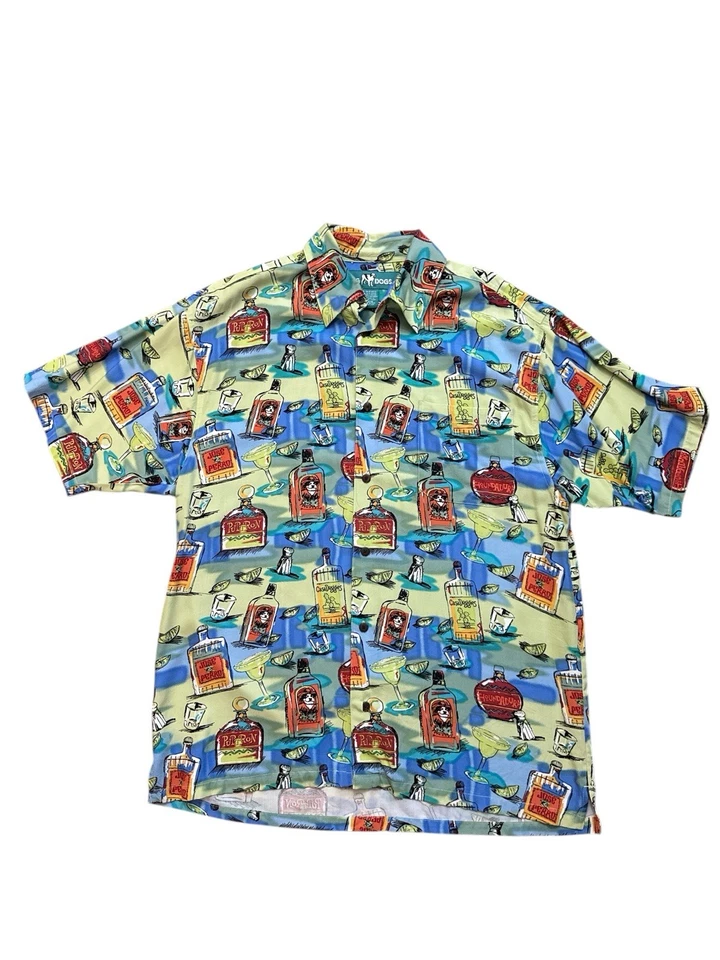 Camisa havaiana vintage Big Dogs masculina S/M multicolorida com estampa de álcool para cães - Imagem 3 de 4