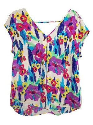 Daniel Rainn Floral Print Lightweight V-Neck Cap Sleeve Blouse Size Large (?)