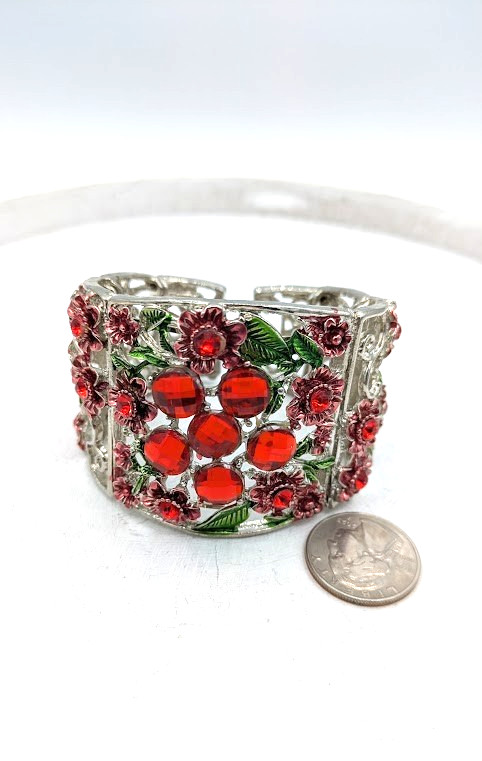 Red Rhinestone Cuff Bracelet Silver Floral - image 9