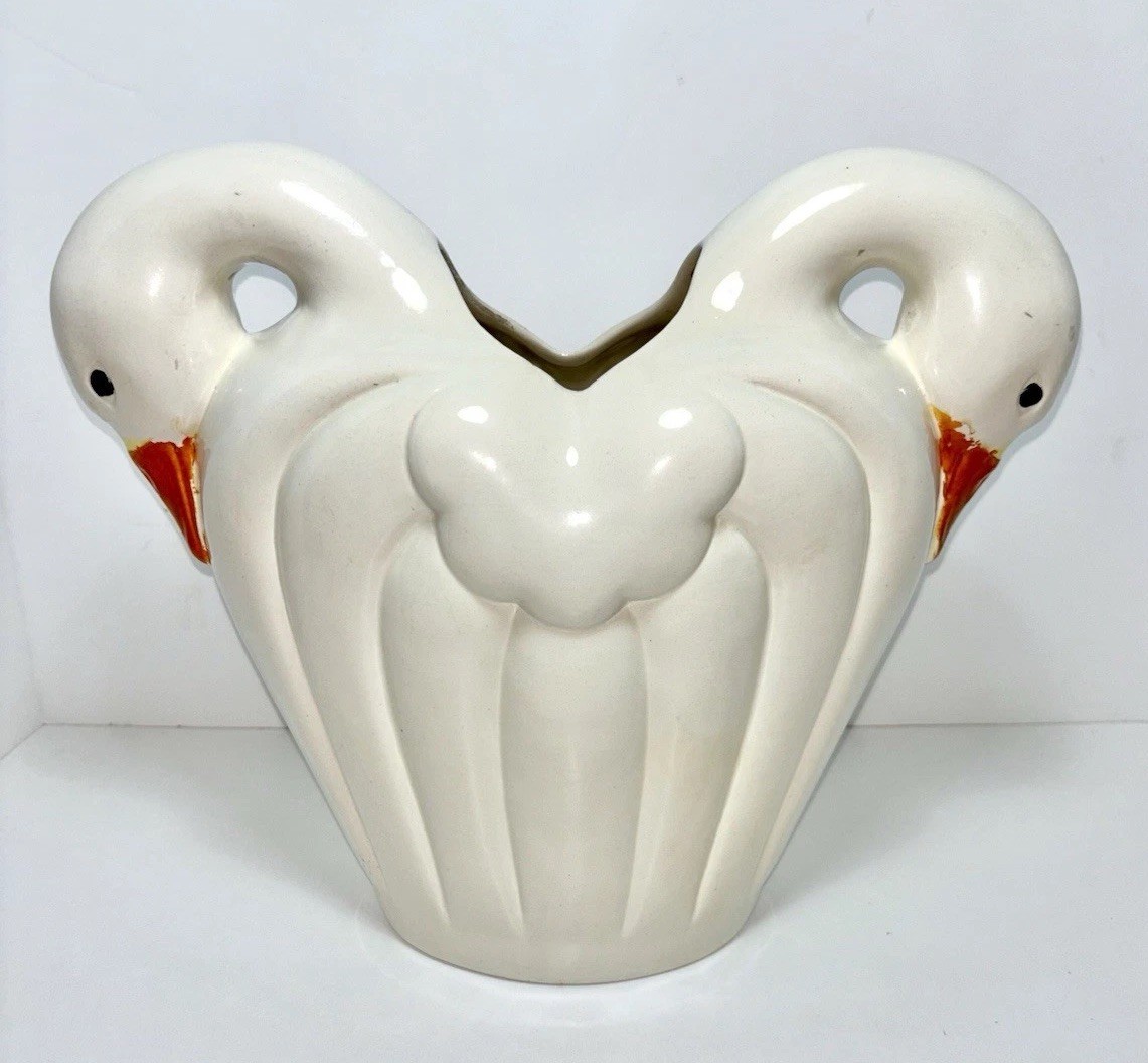 VTG Double Headed Art Deco Country Geese Vase 1985 Byron Molds 12” Large Goose