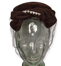 Vintage Brown Felt Vandervoorts Hat with Veil Rhinestones