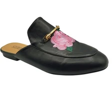 Catherine Maladrino Pika Horse bit Blck Vegan Embroidered Pink Rose Mules Sz 8.5