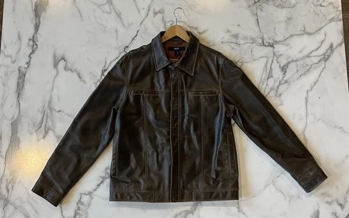 Vintage 2002 Gap Jacket Leather Aviator Snap Button Lined Brown Mens Medium Y2K image 3