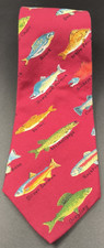 Fisherman Gift - Fish Print Tie Red 100% Cotton Made in USA 56.5" x 3.75" GUC