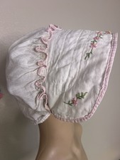 Vintage Cotton Muslin  Prairie Embroidered Floral Pink  White Bonnet One Size