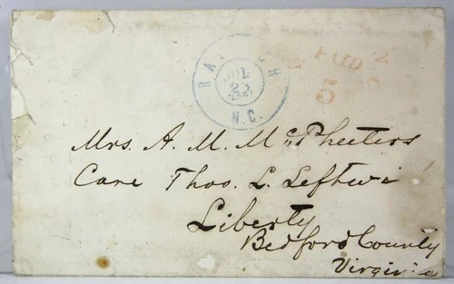 1861 CONFEDERATE CIVIL WAR RALEIGH NORTH CAROLINA PROVISIONAL COVER - SCOTT 68XU