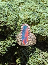 Fancy Woven Aurora Synthetic Opal Hand Made Sterling Silver Ring Sz7.25 .A44d