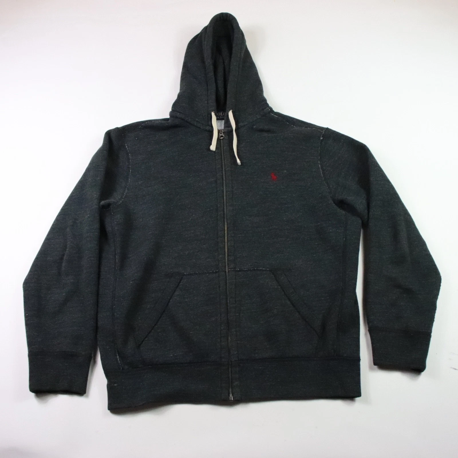 Polo Ralph Lauren Hoodie Mens L Charcoal Full Zip Fleece Sweatshirt Thermal Hood