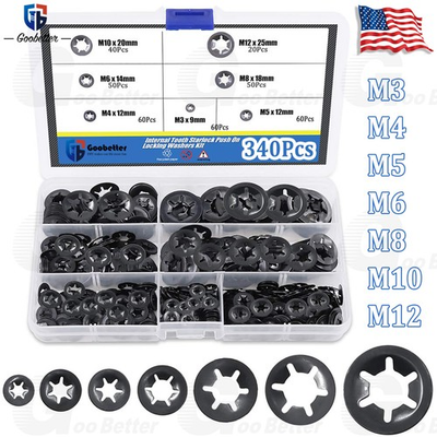 #ad 340 Pcs Internal Teeth Star Lock Spring Quick Washer Push In Quick Nut Set Black $12.69