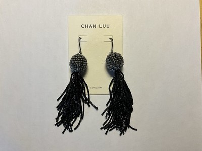 Chan Luu Black Beaded Tassel Earrings, New on Card + Branded Pouch Handcrafted