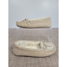Minnetonka Womens Suede Moccasin Slippers Beige Knit Faux Fur Lined Size 6M 3453