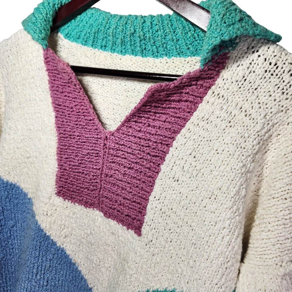 Suéter Tejido Retro Vintage Para Mujer Original Años 80 Colorblock L/XL Rosa Aqua Blanco Foto 3 de 4