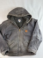CARHARTT Men's Large J141 Distressed Duck Sherpa Lined Black Hooded Zip Up