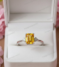 Lab Yellow Sapphire Ring 925 Sterling Silver Emerald Cut Engagement Promise Ring