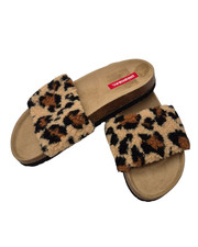 Unionbay Fuzzy Slides Sandals Leopard Print Cork Platform Brown Womens Size 7