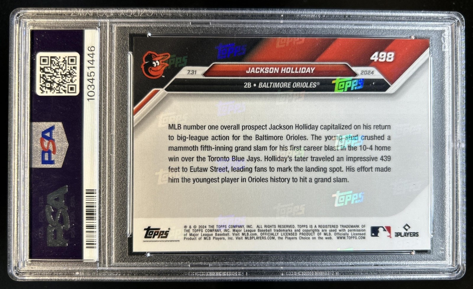 2024 Topps Now Jackson Holliday RC Rookie #498 Orioles PSA 10 GEM MINT view 2