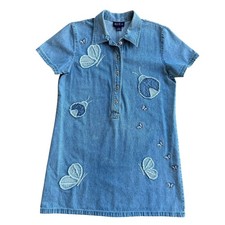 Blue J Denim Dress Womens Size L Short Sleeve Applique Butterflies Vintage