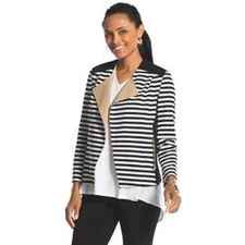 Chico’s Striped Open Front Colorblock Long Sleeve Jacket Blazer Black Size Large