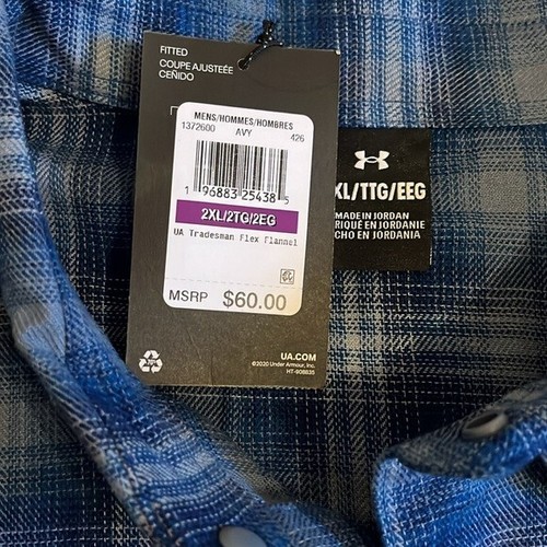 Under Armour Flannel Plaid Shirt Long Sleeve 2XL Button Blue UA Tradesman NWT - Picture 8 of 10