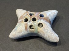 Small Glazed Pottery Flower Frog, 6 Holed, Blues, Grays and Tans 3.5  