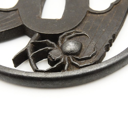 Tsuba 'Bamboo grass with a spider' Japanese Antique Sword Fitting Samurai Katana - Picture 4 of 24