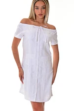 Ladies White 100% Soft Linen Traditional (4) Pocket Guayabera Dress - LLGD3011