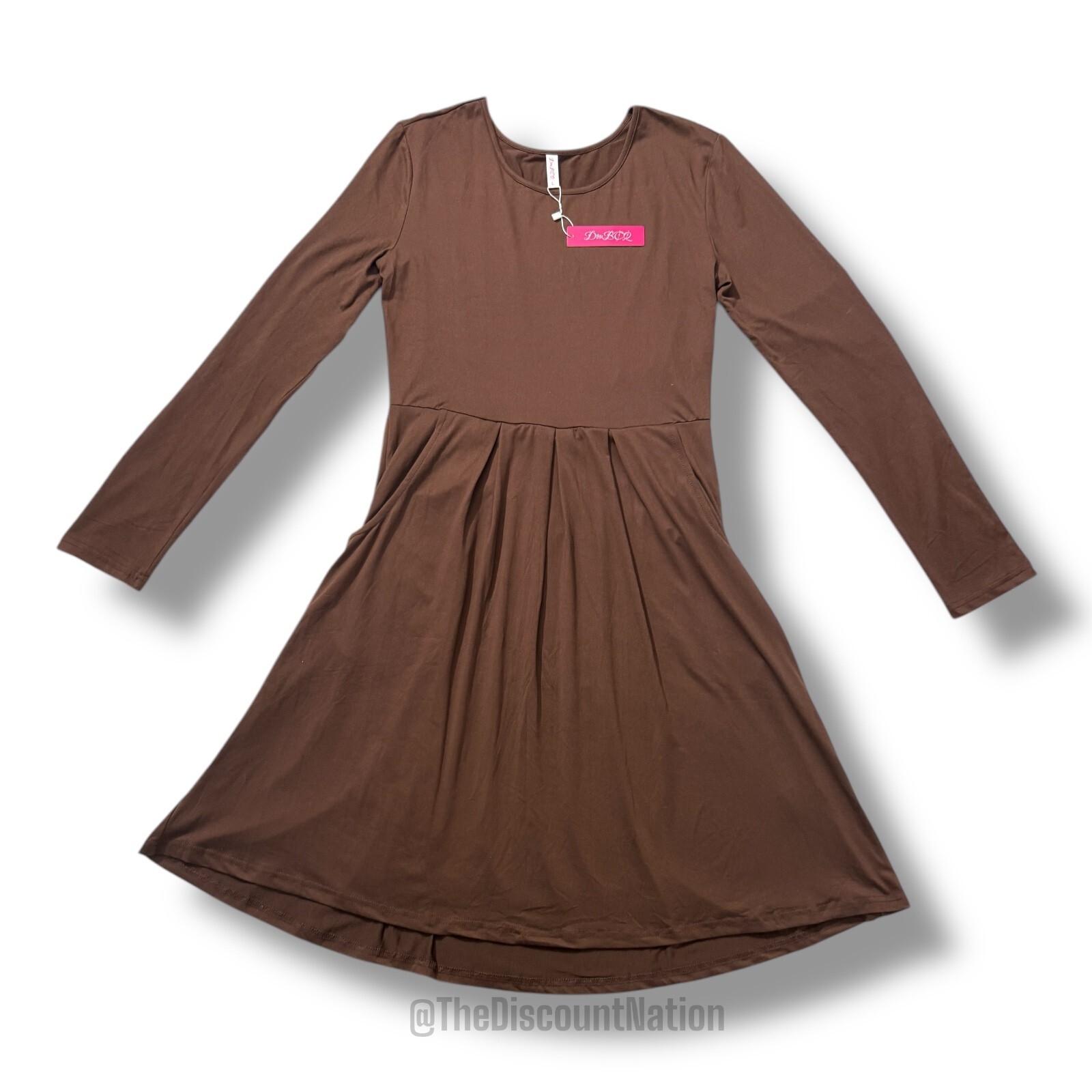 Casual Long Sleeve Flowy Pleated Fall Brown Dress Women's Size Large NWT