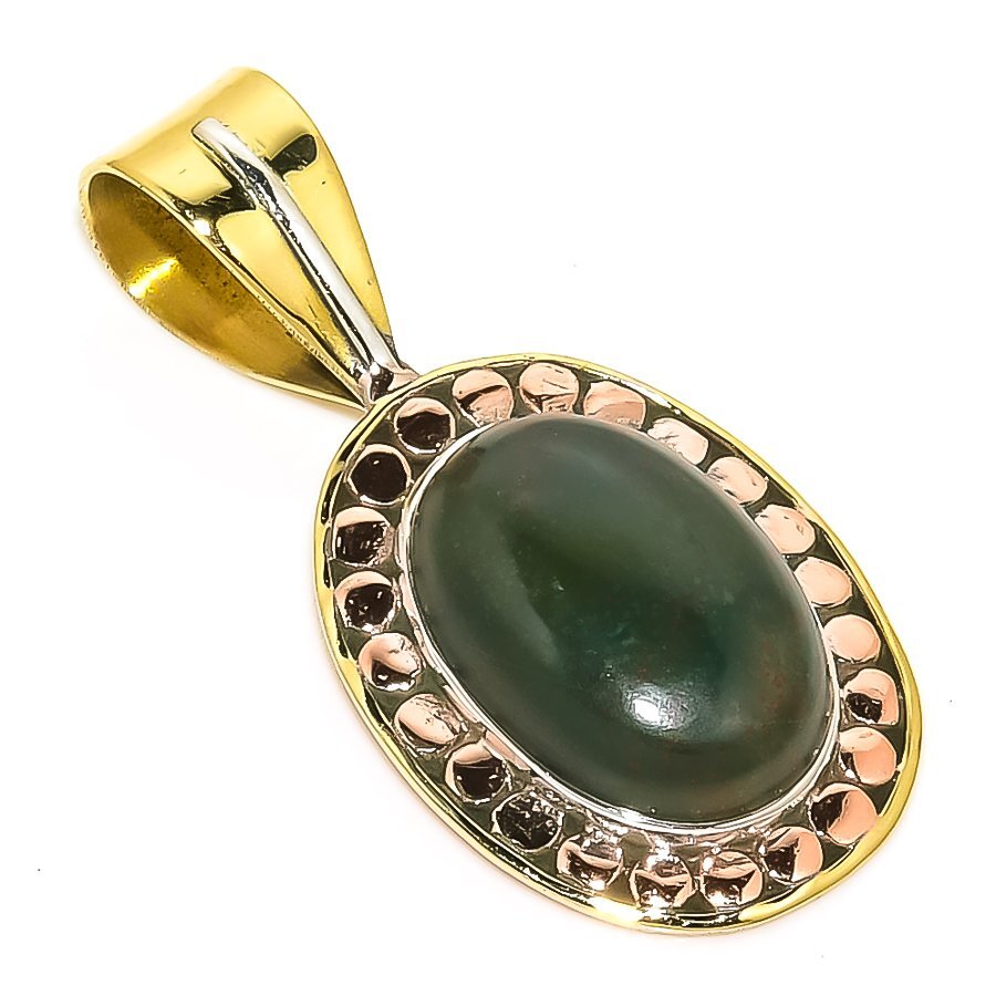 Natural Bloodstone Gemstone TwoTone 925 Solid Sterling Silver Pendant 1.50