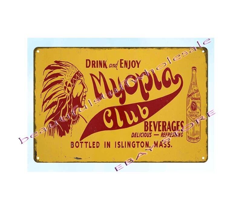 Vintage Drink and Enjoy Myopia Club Indian Chief Metal Tin Sign Wall Art-image