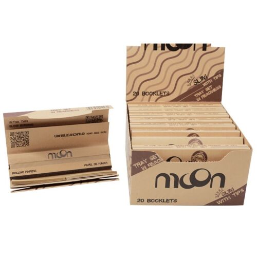 20 Booklets MOON King Size Slim Unbleached Cigarette Rolling Paper 32 Tips +Tray - Afbeelding 1 van 9