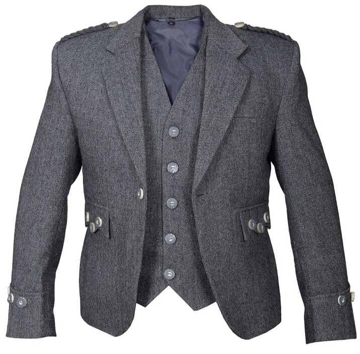 Men's Scottish Charcoal Grey Tweed Wool Argyle Kilt Jacket with 5 Button Vest