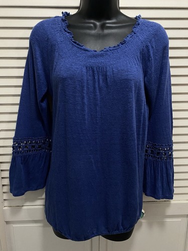 INC International Concepts Blue Smocked Crochet Bell 3/4 Sleeve Blouse Size S