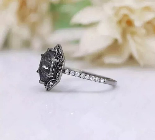 Anillo Rutilo Negro Vintage Anillo Plata Esterlina Anillo Cuarzo Rutilado Negro - Imagen 3 de 6