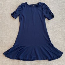 Ann Taylor Women’s Flounce Swing Dress Blue Stretch Ruched Sleeve Petites SP