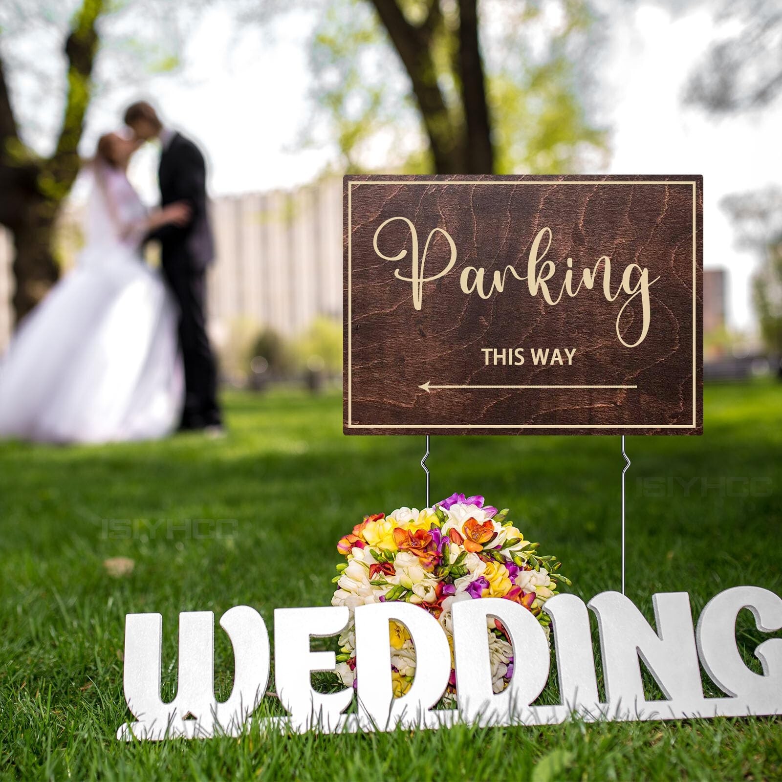9-Piece Wedding This Way Sign Kit, Double-Sided Wooden Wedding Direction Arro...