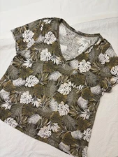 Dept 222 Top Size 46"Bust Palm Leaf Print V-Neck Pocket Short Sleeve Cotton/Moda