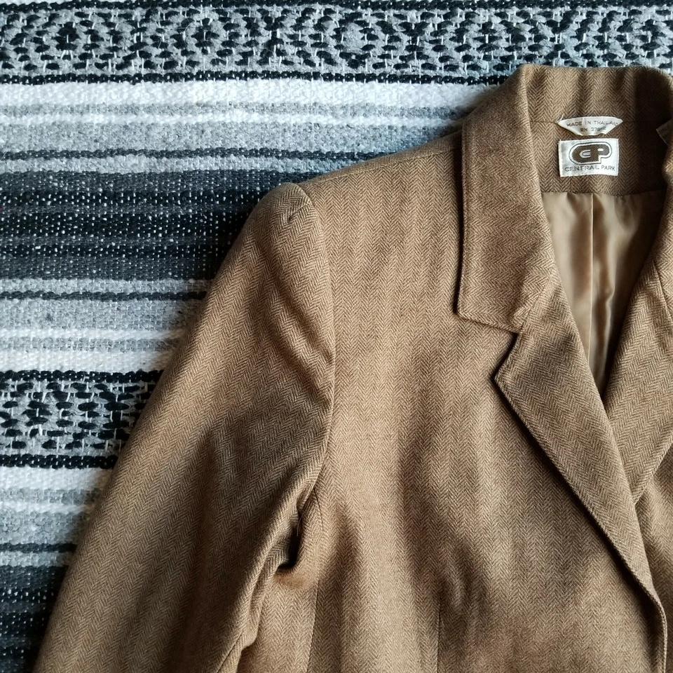 Chaqueta Blazer De Colección Central Park Talla 16 Un Botón Mezcla Lana Marrón Espiga Foto 2 de 4