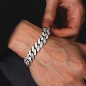Authentic 14 MM Lab Created Diamond 14K White Gold Plated Cuban Link Men's Bracelets 8.5"