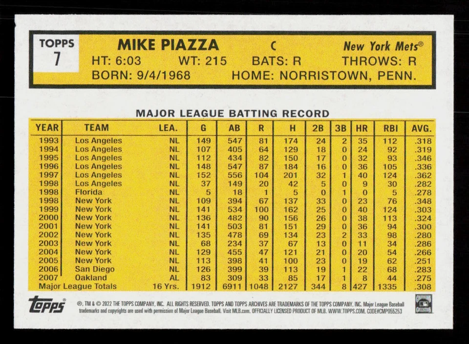 2022 Topps Archives Mike Piazza #7 Baseball New York Mets - Image 2 of 2