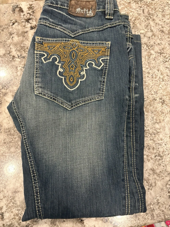 Jeans Antik Para Hombre 33 Ajustes 34x30 Bolsillo Bordado Marrón Costura Botón Mosca Foto 2 de 4