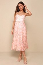 Lulus Pink/White Floral Pleated Sweetheart Spaghetti Strap A-Line Midi L