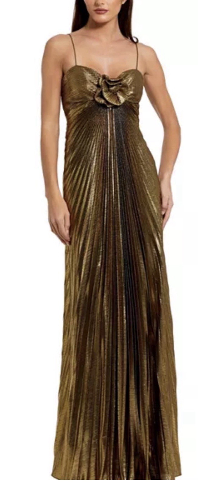 Mac Duggal Gold Metallic Pleated Maxi Dress Sz 6 Sweetheart Spaghetti Strap