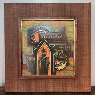 S. Khan Boon 1968 Signed Woodblock Carving   Thai Village Scene   Vintage Art