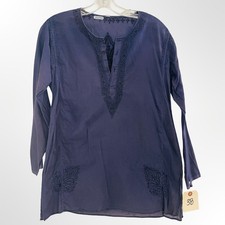 Unbranded Navy Blue Embroidered Long Sleeve Tunic Kurti Top