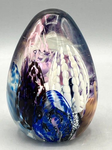 NORTH SHORE GLASS Egg-Shaped Paperweight Clear w/ Purple & White ~ Hawaii